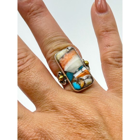 Colorful Natural Spiny Oyster Turquoise Gemstone Ring Size 6.75 Sterling Silver - Picture 6 of 8